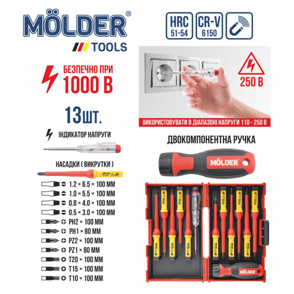 Набор отверток Molder изолированные с индикатором напряжения VDE 1000В 13шт