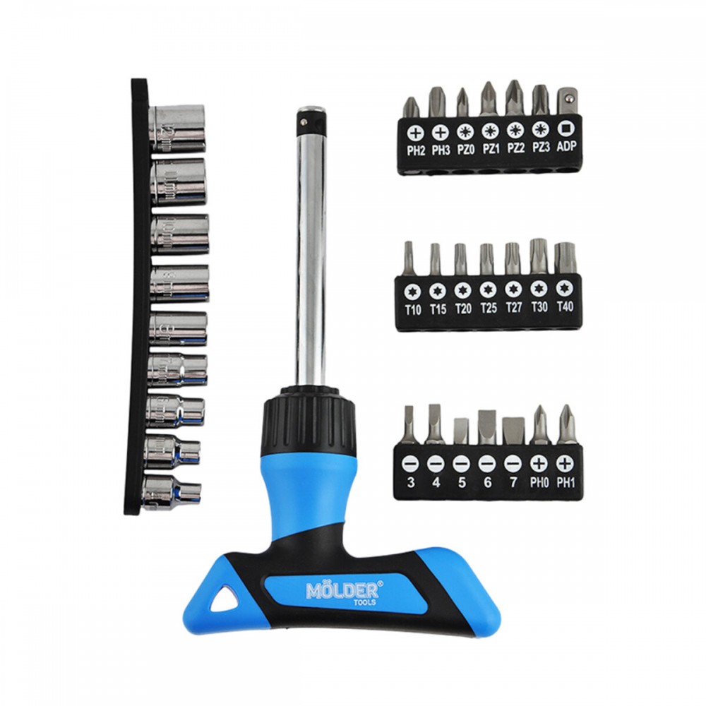 Отвертка Molder Т-образная реверсивная с комплектом насадок 30в1