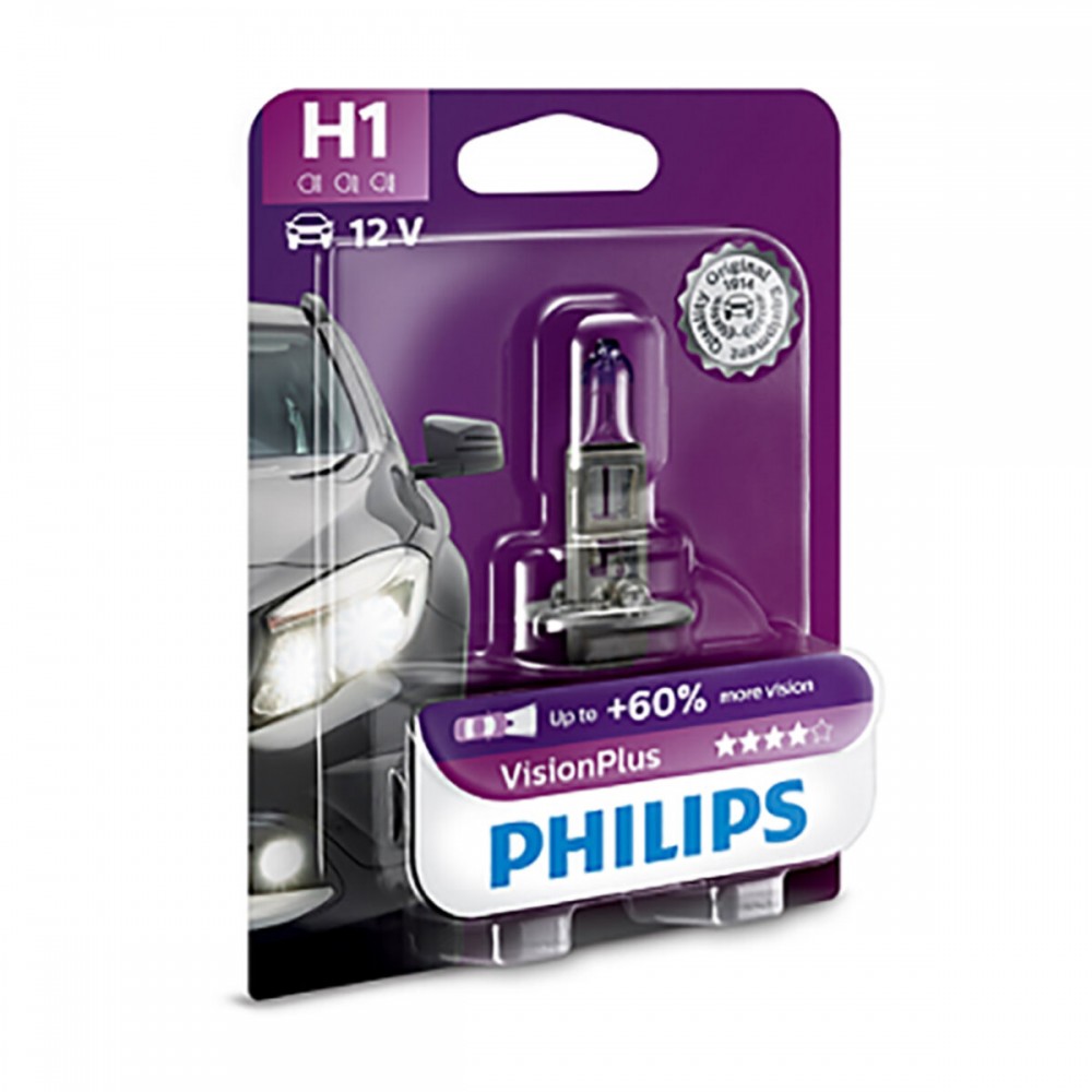Галогеновая лампа Philips H1 12V 55W P14,5s VisionPlus (+60% more light), Blister 1шт