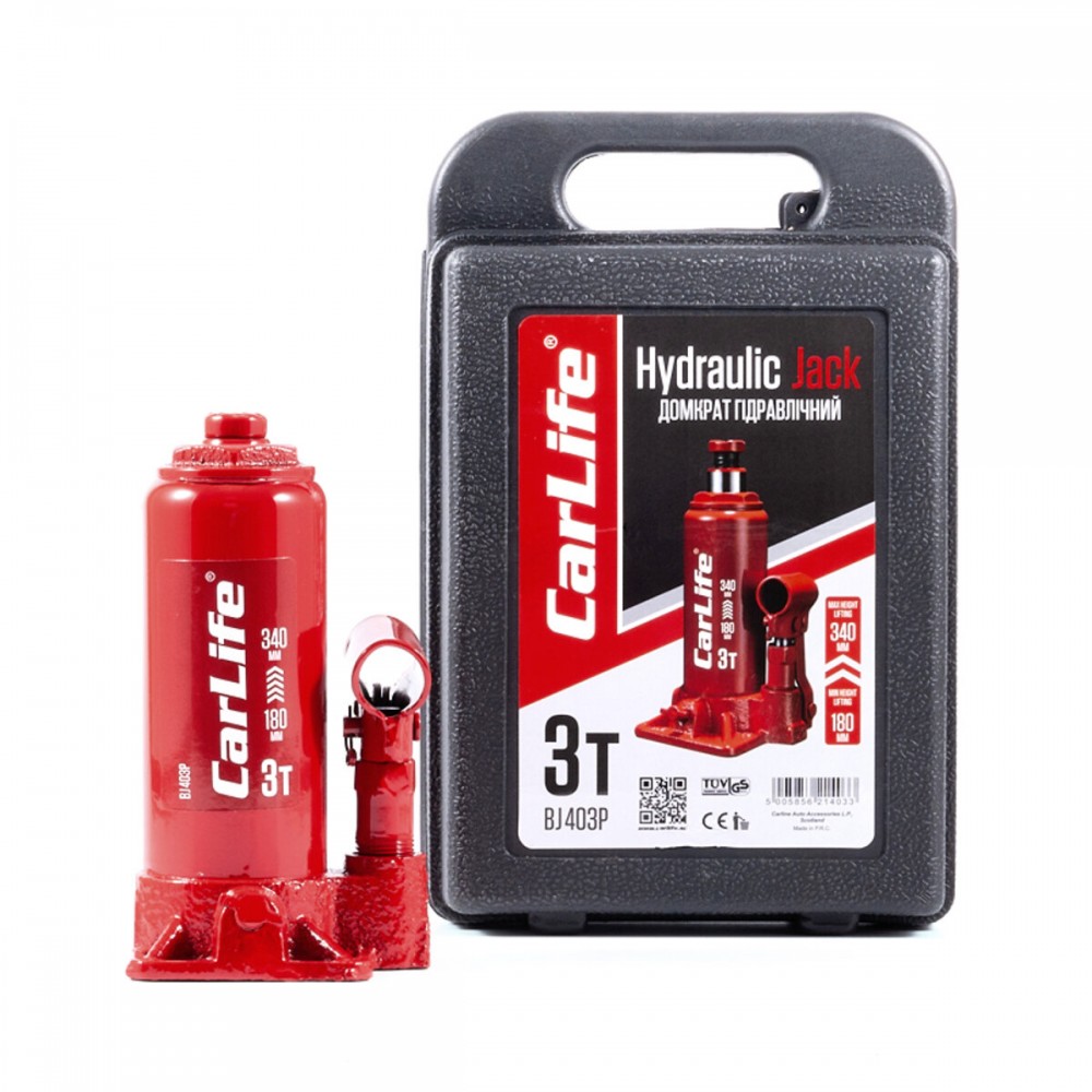 Домкрат гидравлический бутылочный CarLife 3т 180-340мм в кейсе