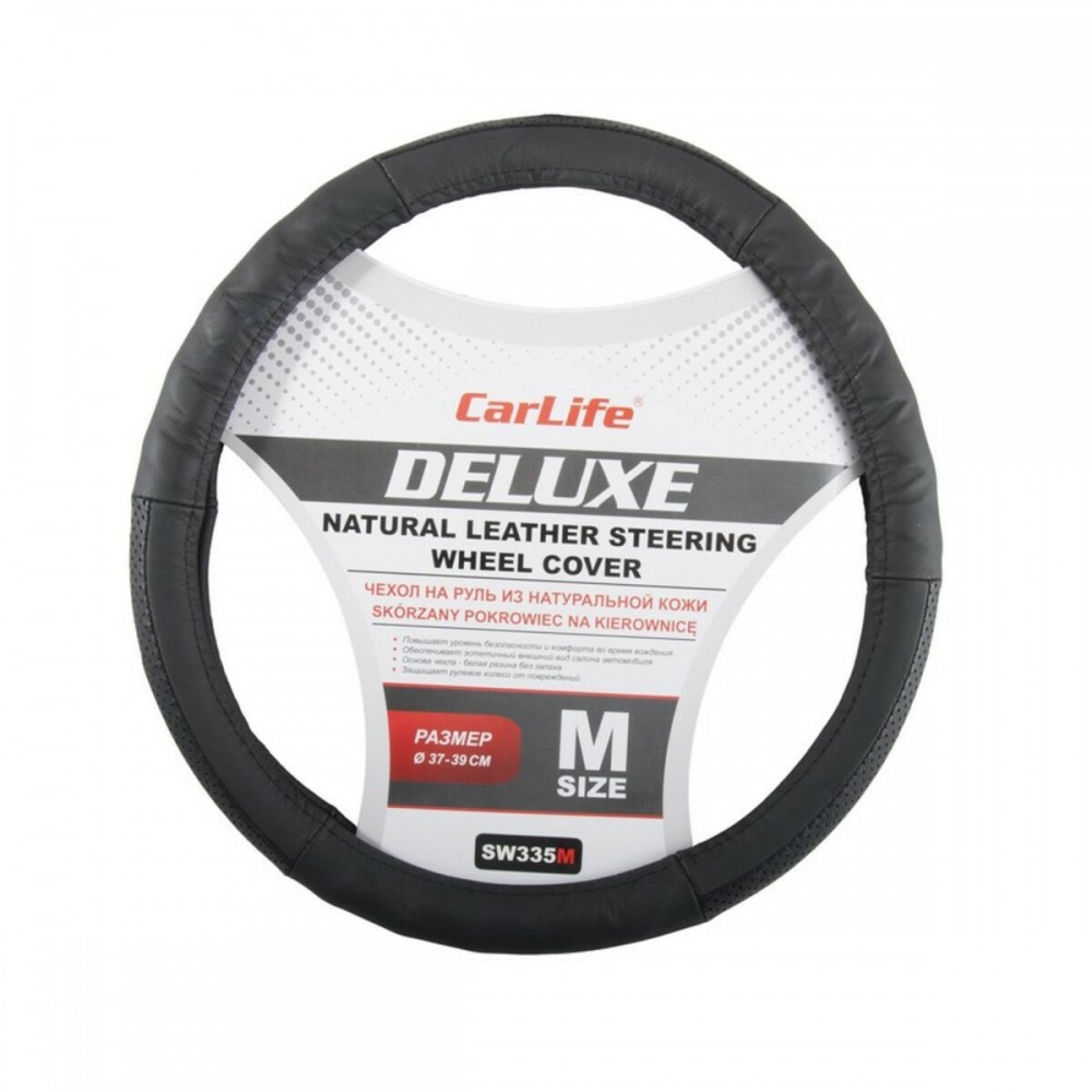 Чехол на руль Carlife 37-39 см кожаный Delux, черный SW335M