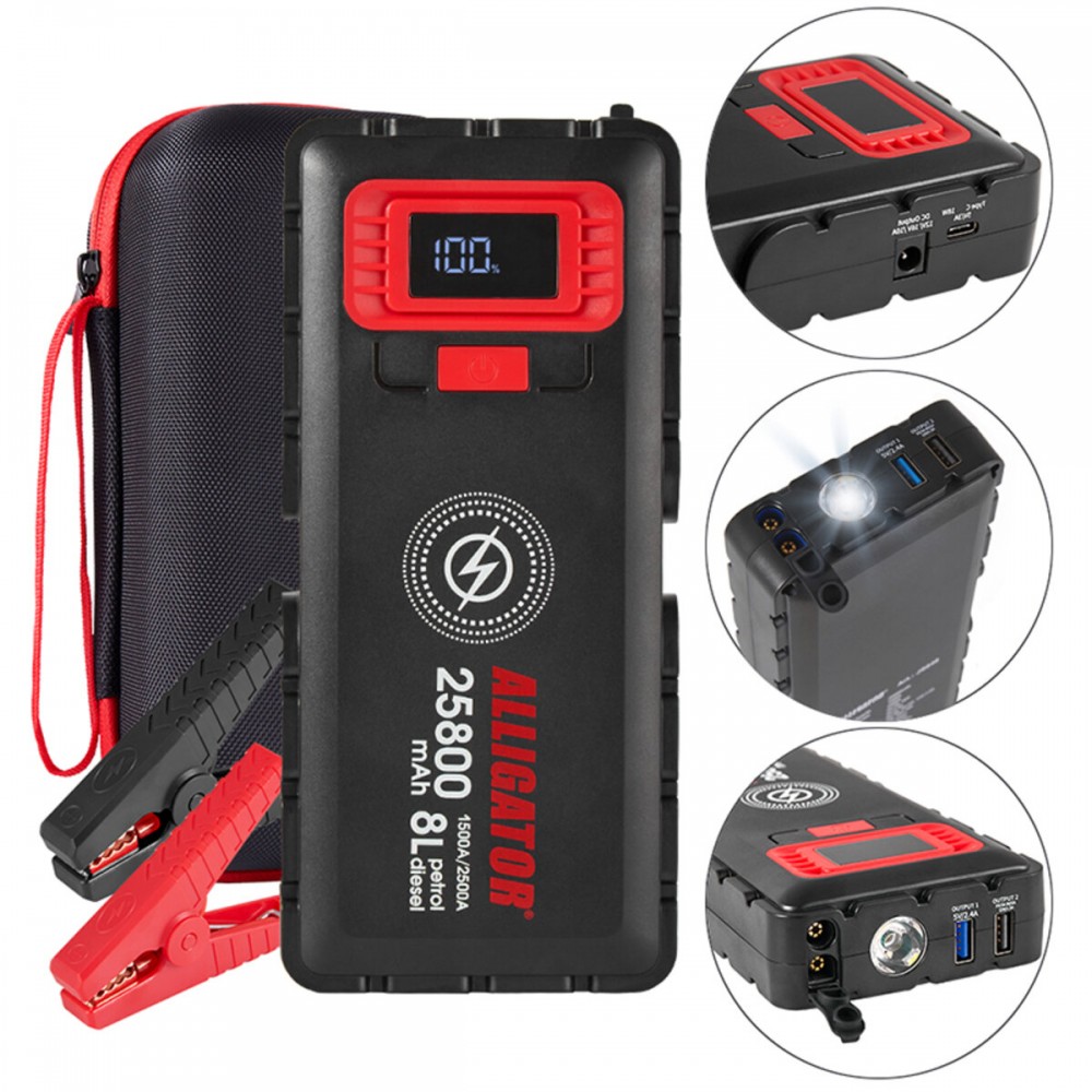 Бустер (пусковий пристрій) Alligator Jump Starter 1500A/2500A 25800mAh зі Smart-клемами та безпровідною зарядкою