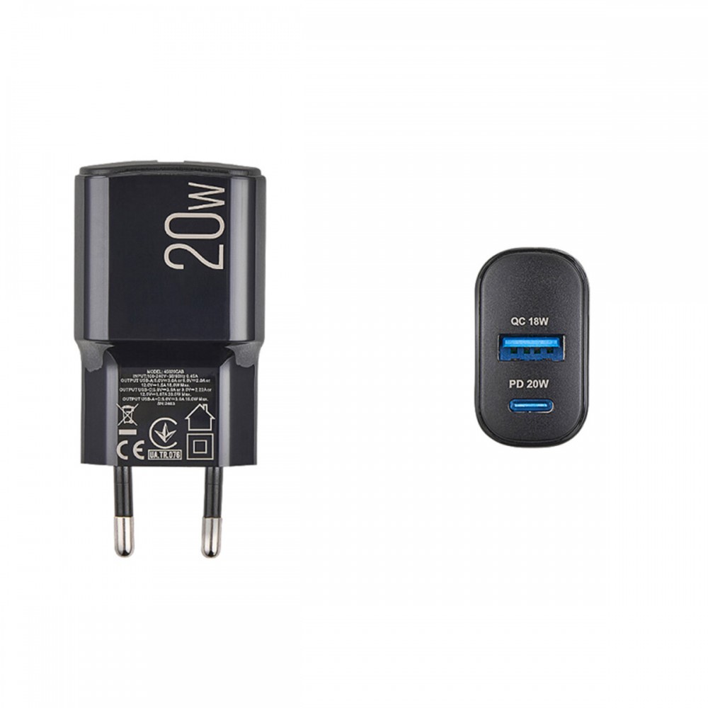 Сетевое зарядное устройство Brevia ePower PD20W USB-C+USB-A черный