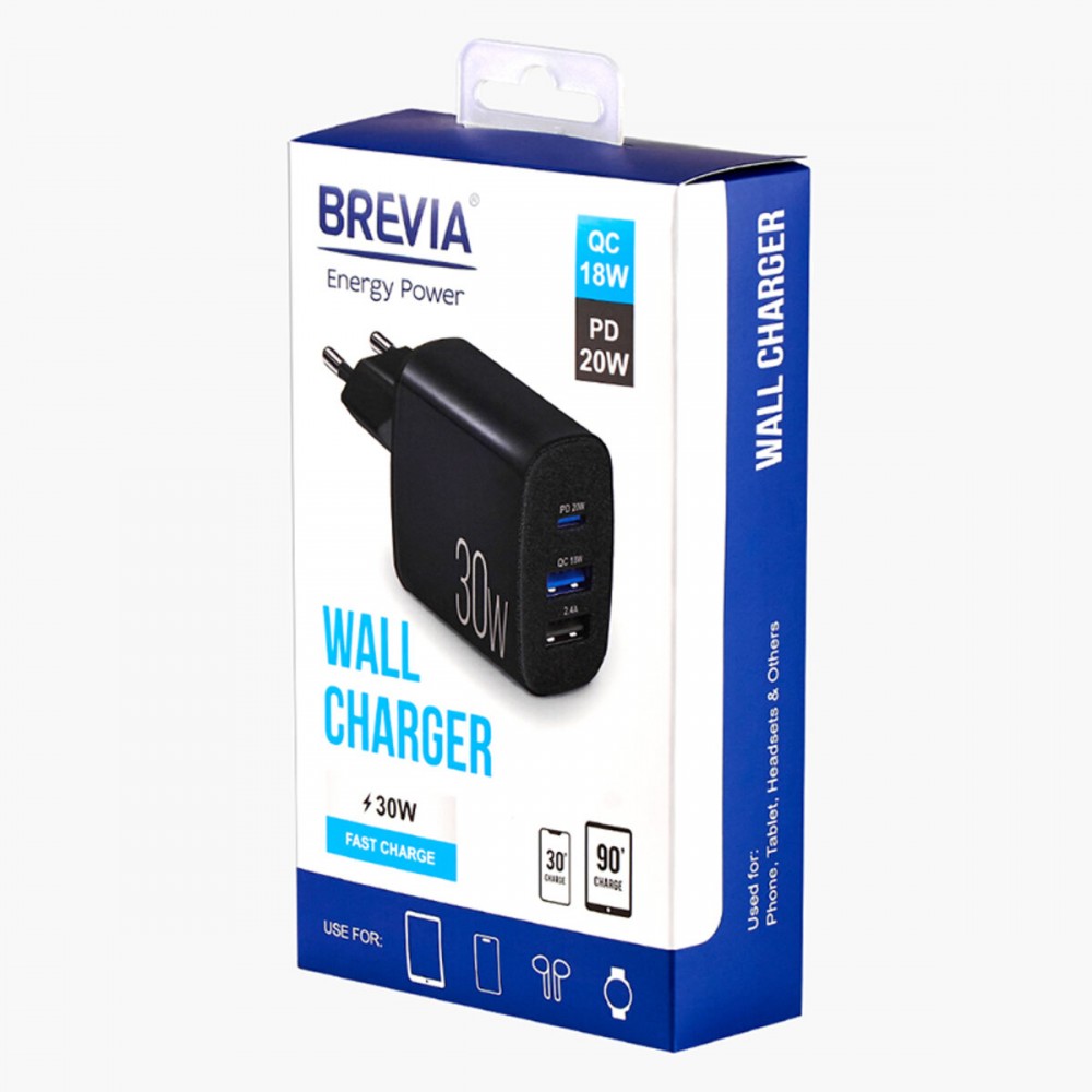 Сетевое зарядное устройство Brevia ePower PD20W+QC18W+12W черный