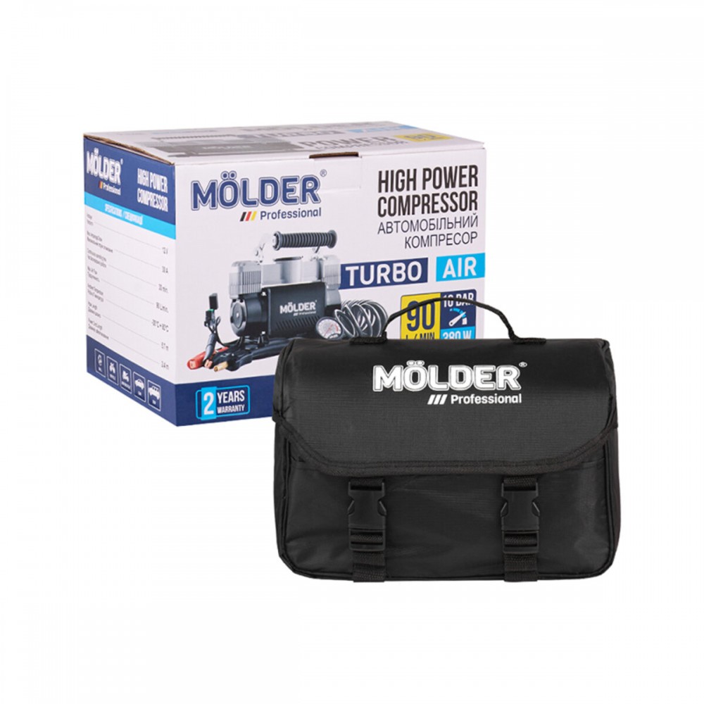 Компрессор автомобильный Molder Turbo Air 12В, 10 Атм, 90 л/мин с зажимами АКБ MA25300