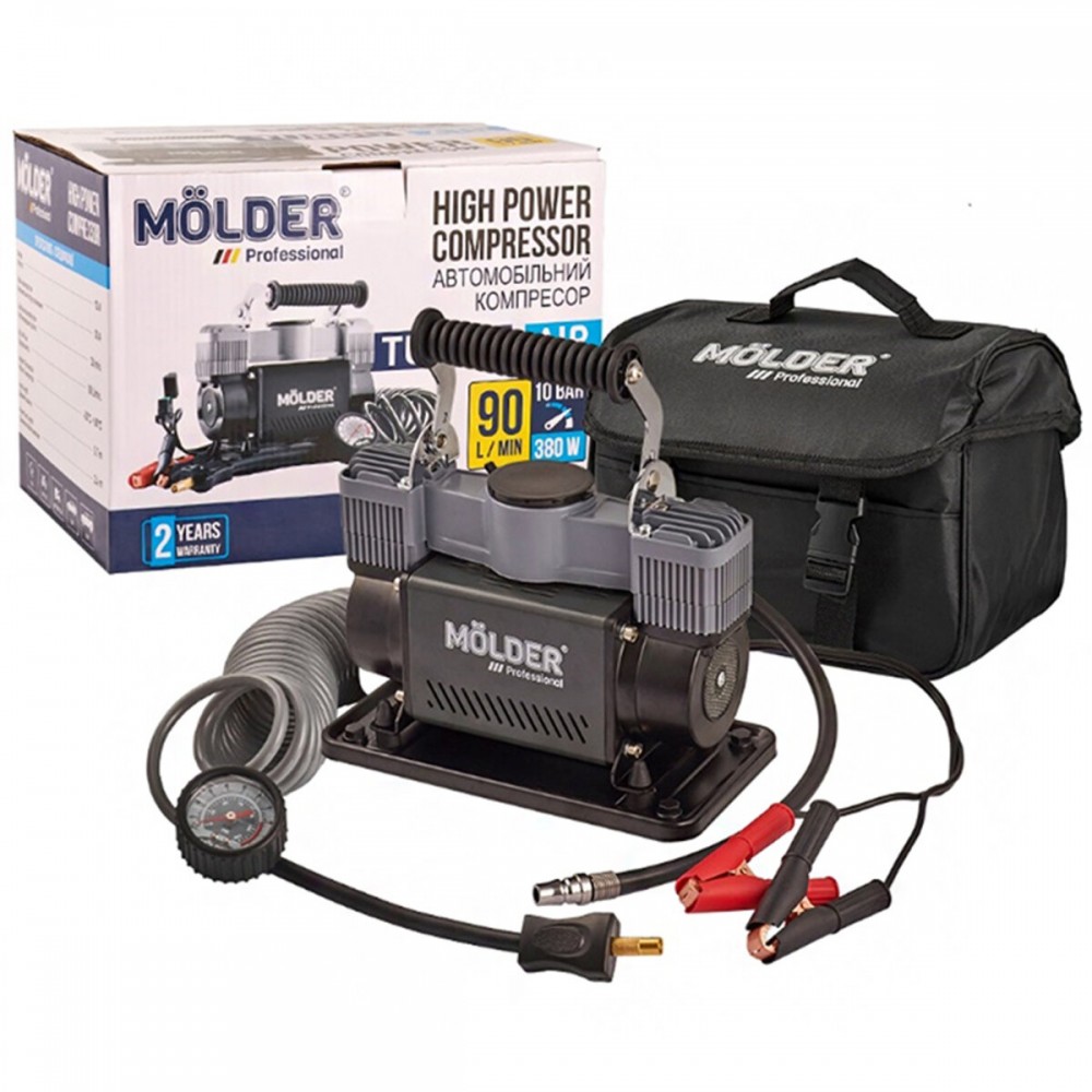 Компрессор автомобильный Molder Turbo Air 12В, 10 Атм, 90 л/мин с зажимами АКБ MA25300