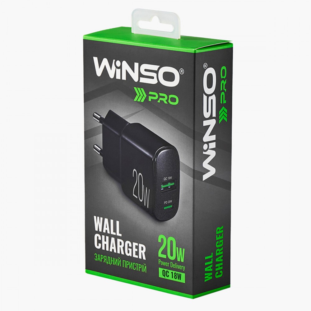 Мережевий зарядний пристрій Winso Pro PD20W USB-C+USB-A чорний