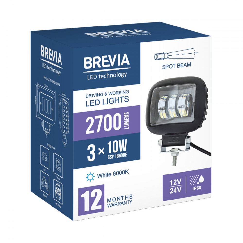 Фара светодиодная Brevia 10-30V, 30W (3x10W), 2700Lm, CSP1860DE 1шт
