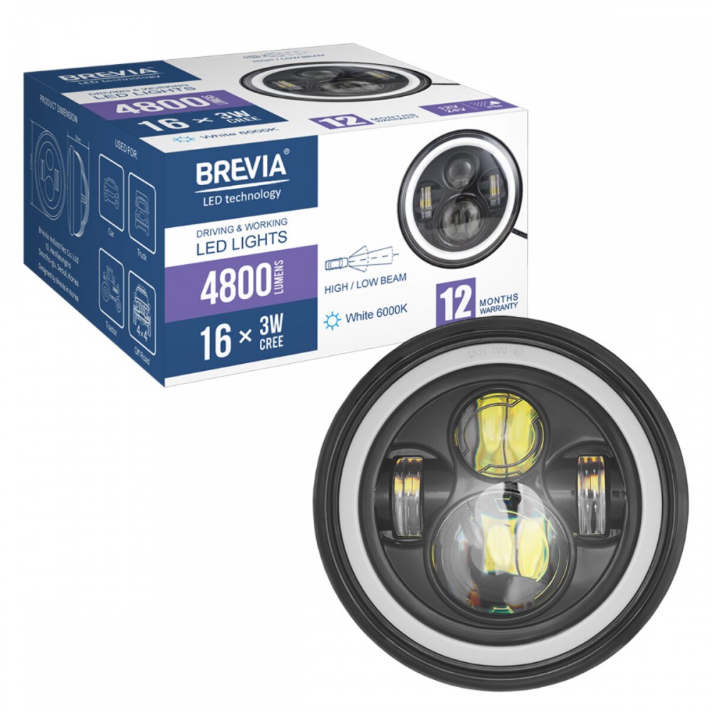 Фара светодиодная Brevia 60W (4x5W ETI+DRL), 4800Lm/2160Lm, 6000K, 177x70мм 1шт