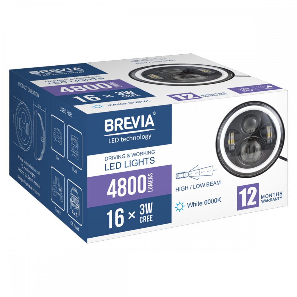 Фара светодиодная Brevia 60W (4x5W ETI+DRL), 4800Lm/2160Lm, 6000K, 177x70мм 1шт