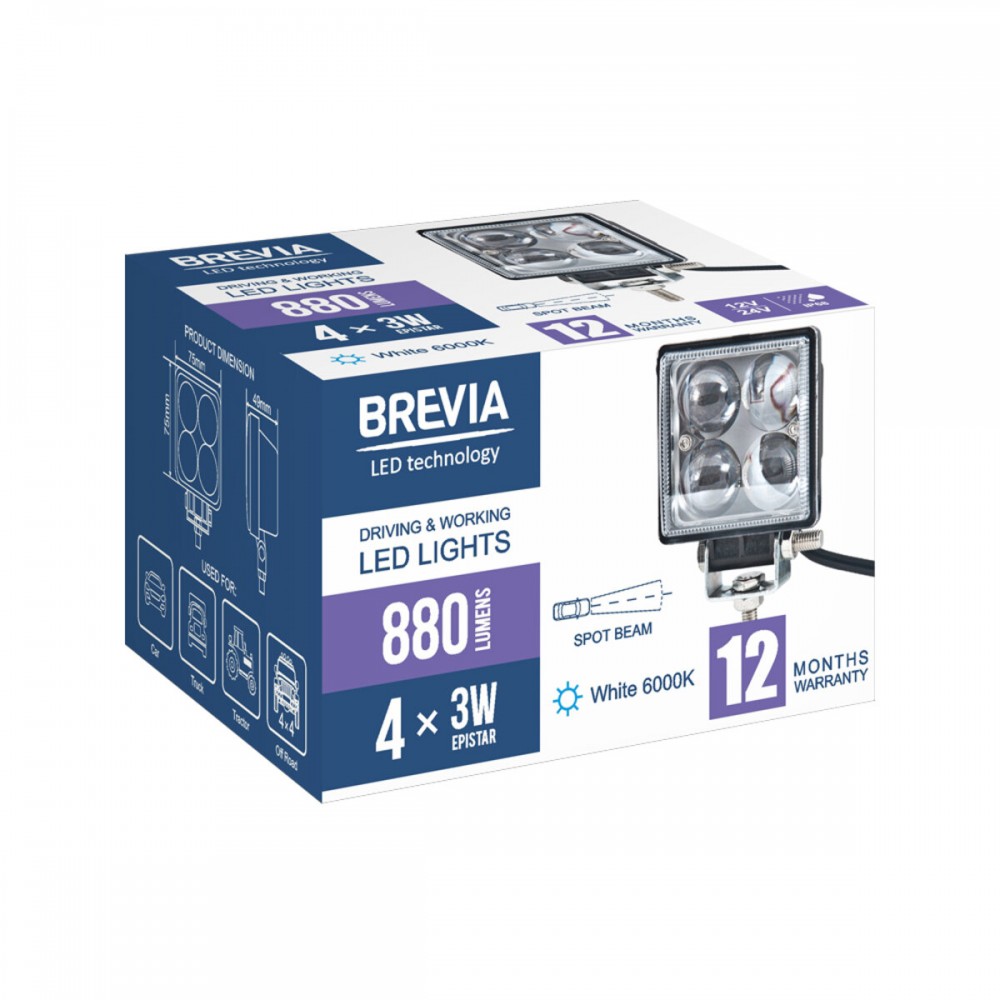 Фара светодиодная Brevia ERISTAR 4D Spot 10-30V, 12W (4x3W), 880Lm, 1шт
