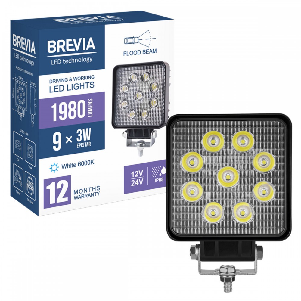 Фара светодиодная Brevia EPISTAR Flood 10-30V, 27W (9x3W), 1980Lm, 1шт